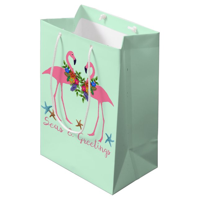 Seas n Greetings Pink Flamingos Christmas Mint Medium Gift Bag (Front Angled)