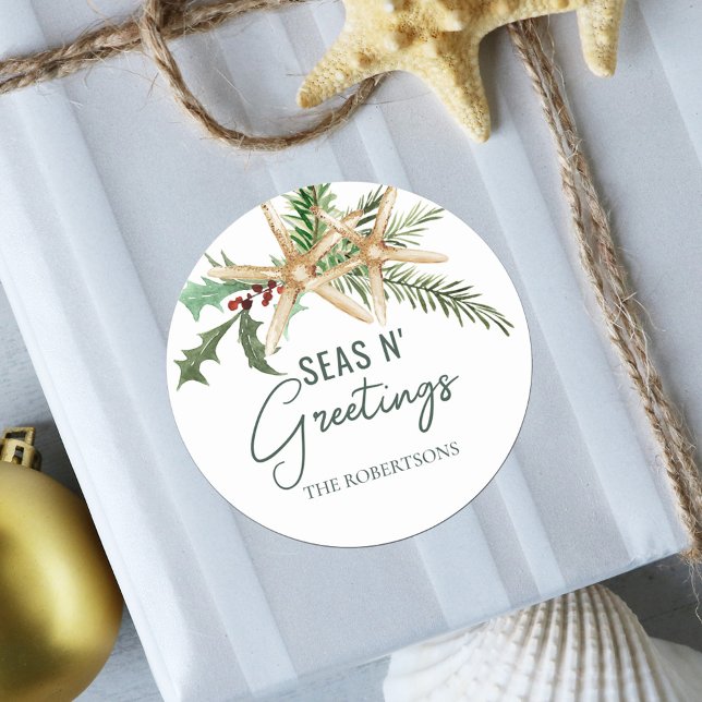Seas N Greetings Tropical Christmas Starfish  Classic Round Sticker (Creator Uploaded)