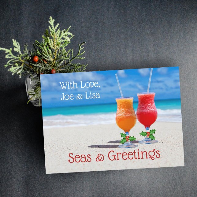 Seas n Greetings Two Drinks in Sand Simple Holiday Card (Creator Uploaded)