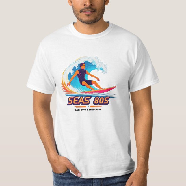 Seas the 80s – Retro Surfer Power Wave Tee (Front)