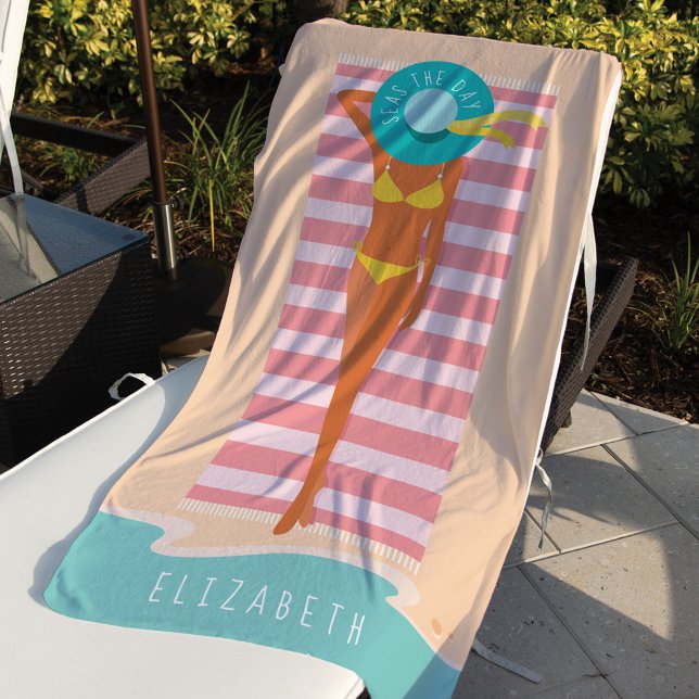 Seas The Day | Beach Beauty Sunbathing Custom Name Beach Towel (Creator Uploaded)