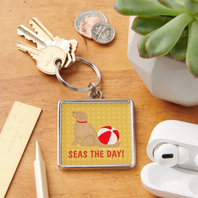 Seas the Day Beach Dog Yellow Key Chain Silver (Desk)