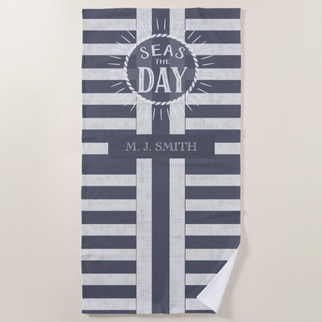 Seas the Day Bold Nautical Stripes and Name Beach Towel (Front)
