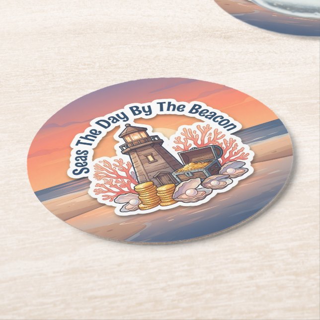 Seas The Day By The Beacon Round Paper Coaster (Angled)