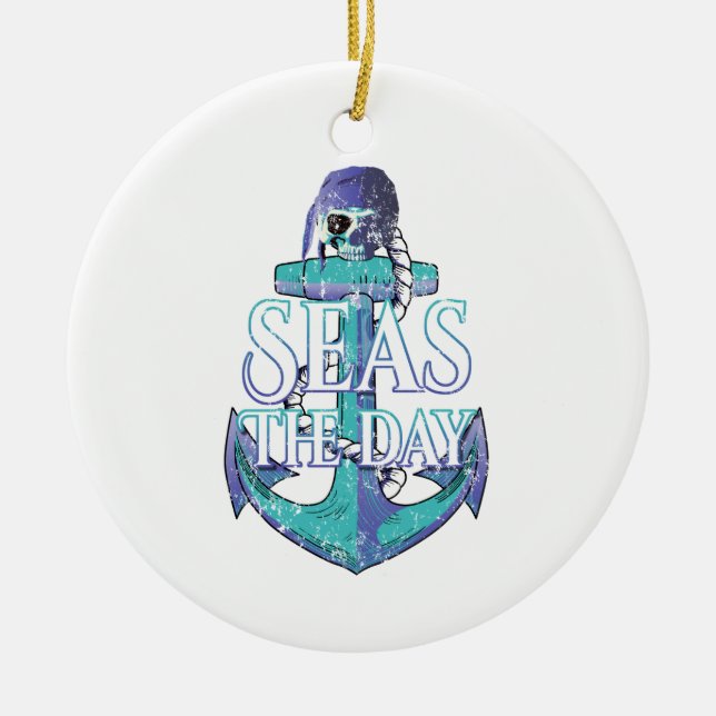 Seas The Day Pirate Anchor Ceramic Tree Decoration (Front)