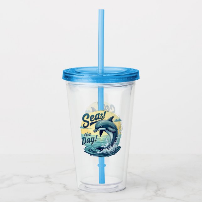 Seas the Day Retro Dolphin Ocean Aesthetic Acrylic Tumbler (Front)