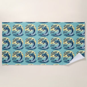 Seas the Day Retro Dolphin Ocean Aesthetic Beach Towel