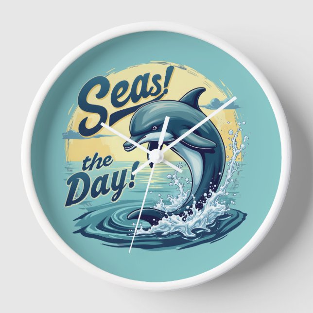 Seas the Day Retro Dolphin Ocean Aesthetic Clock (Front)
