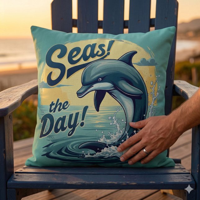Seas the Day Retro Dolphin Ocean Aesthetic Cushion (Seas the Day Retro Dolphin Ocean Aesthetic Throw Pillow Mockup D)