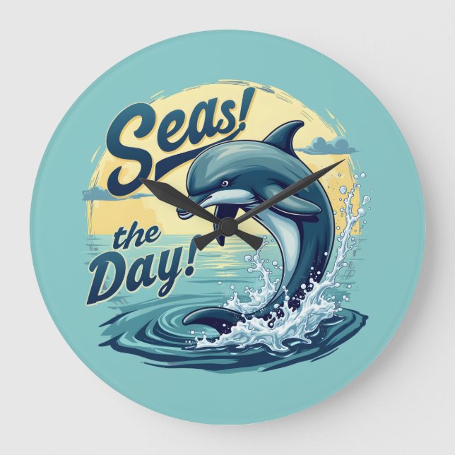Seas the Day Retro Dolphin Ocean Aesthetic Large Clock (Front)