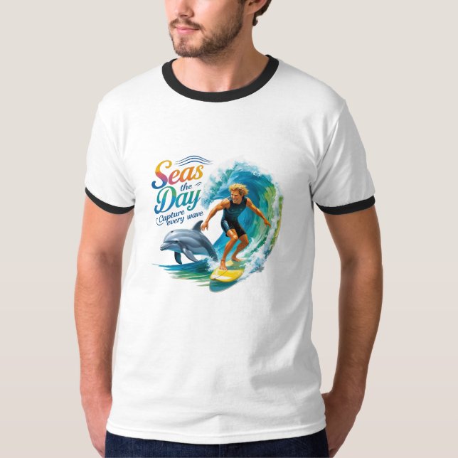 Seas the Day – Surf & Dolphin Ringer Tee (Front)
