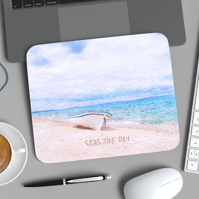 Seas The Day Watercolor Beached Fishing Boat Mouse Mat (Creator Uploaded)