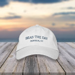 Seas the Day | Your City or Beach Name Embroidered Hat<br><div class="desc">Seas the day! Embroidered cap features the quote in navy blue with your city,  island or beach name beneath.</div>