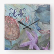 Seas Your Day  Square Sealife Wall Clock