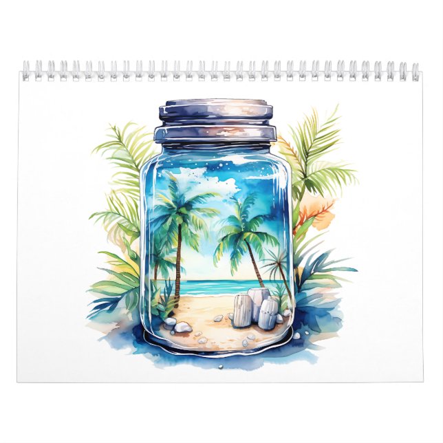 Seascape and coconut tree in a glass jar calendar (Cover)