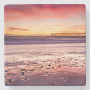 Seascape and pier at sunset, CA Stone Coaster