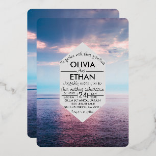 Seascape beach blue sky Wedding Foil Invitation