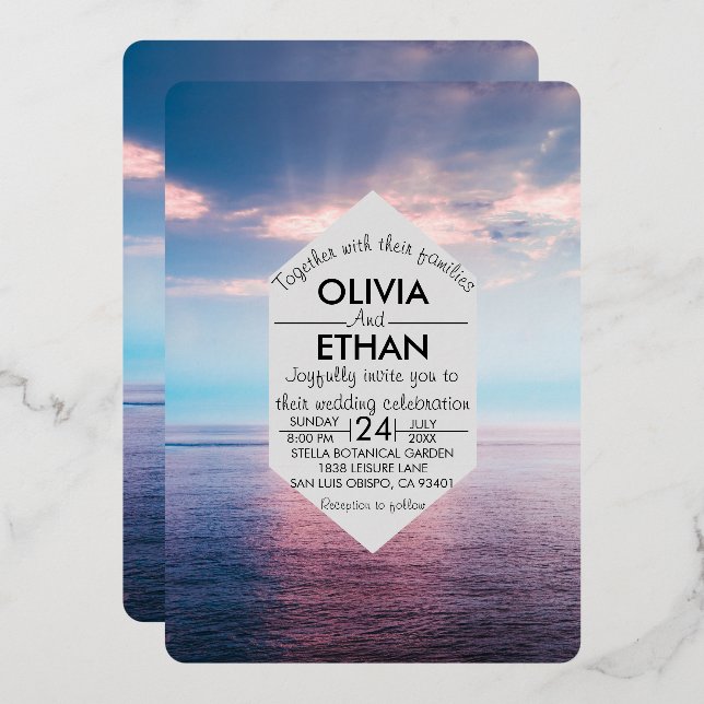 Seascape beach blue sky Wedding Foil Invitation (Front/Back)