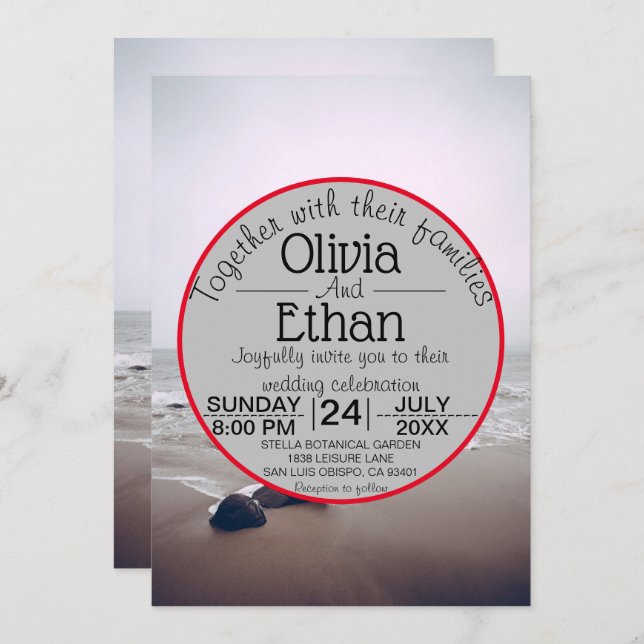 Seascape Beach Shore Navy Summer Wedding Invitation (Front/Back)