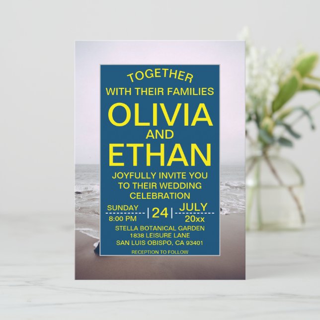 Seascape beach shore navy Wedding Invitation (Standing Front)