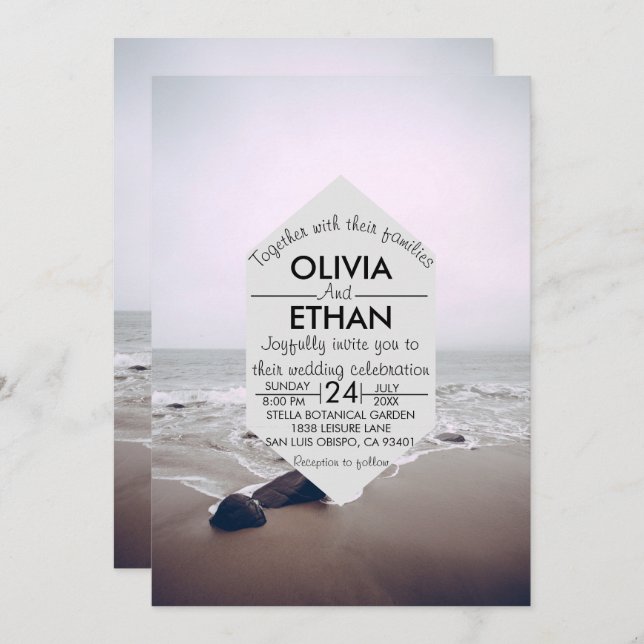Seascape beach shore navy Wedding Invitation (Front/Back)