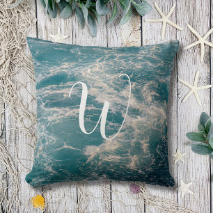 Seascape Caribbean Blue White Wave Crests Monogram Cushion