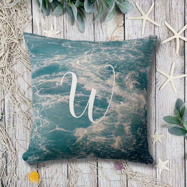 Seascape Caribbean Blue White Wave Crests Monogram Cushion (Seascape Caribbean Blue White Wave Crests Monogram Throw Pillow)