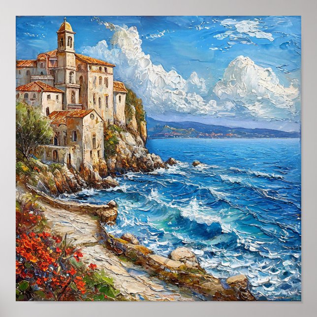 🌊 Seascape Cottage Oil Painting Coastal Serenity  Poster (Front)