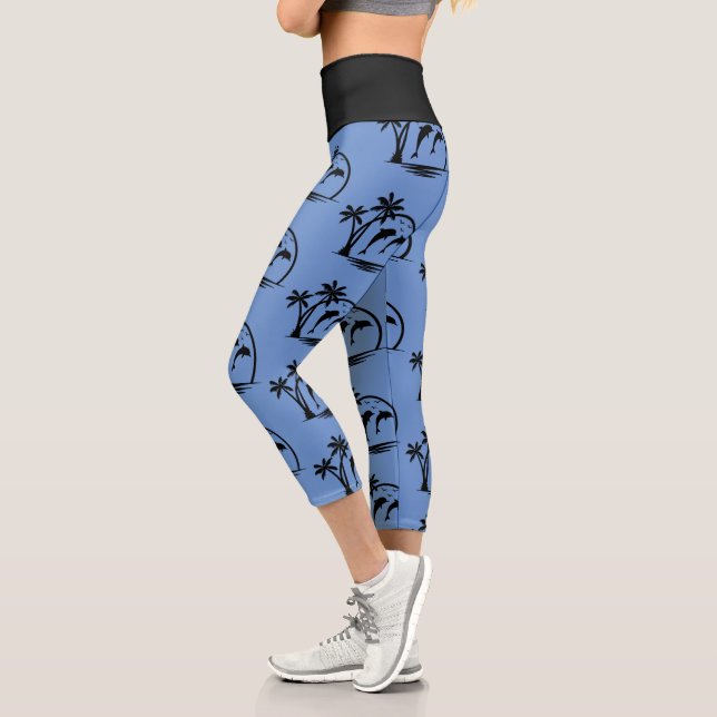Seascape Dolphin Jumping Palm Tree Ocean Capri Leggings (Left)