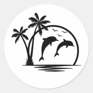 Seascape Dolphin Jumping Palm Tree Ocean Classic Round Sticker