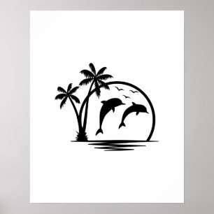 Seascape Dolphin Jumping Palm Tree Ocean Poster