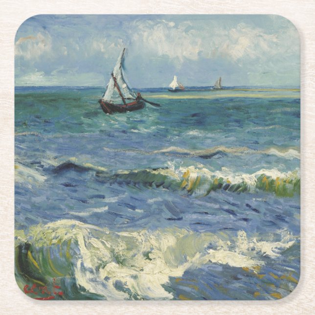 Seascape Les Saintes-Maries-de-la-Mer by Van Gogh Square Paper Coaster (Front)