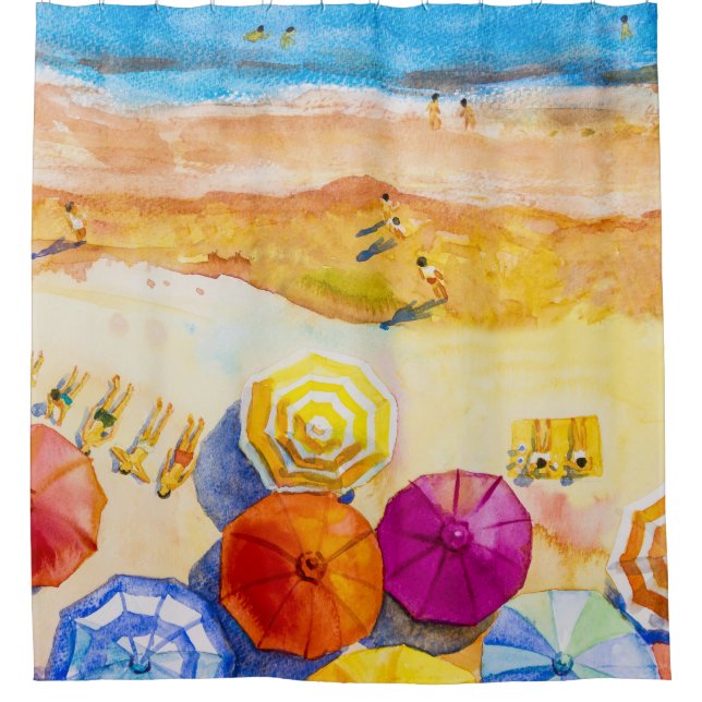 Seascape Love: Watercolor Vacation Painting Shower Curtain (Front)