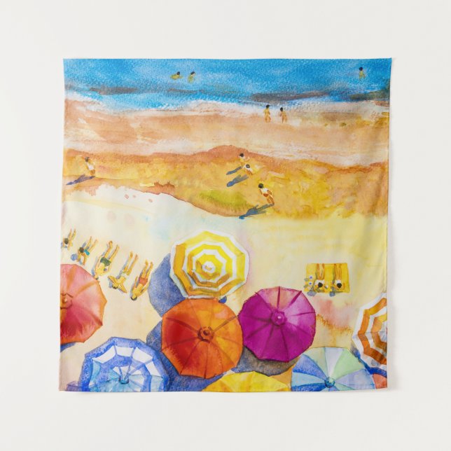 Seascape Love: Watercolor Vacation Painting Tapestry (Front)