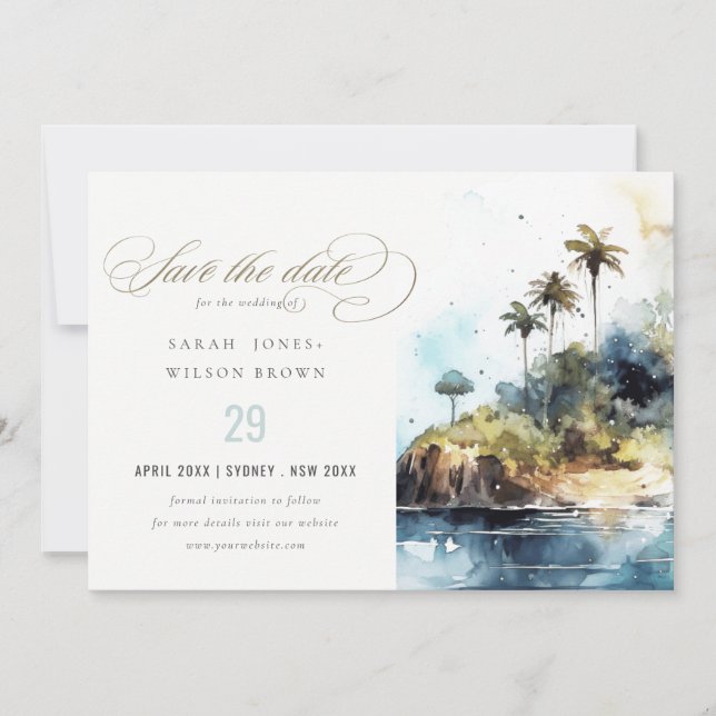 Seascape Palm Tree Island Watercolor Wedding Save The Date (Front)