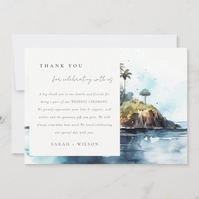 Seascape Palm Tree Island Watercolor Wedding Thank You Card (Front)