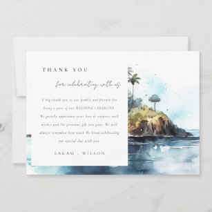 Seascape Palm Tree Island Watercolor Wedding Thank You Card
