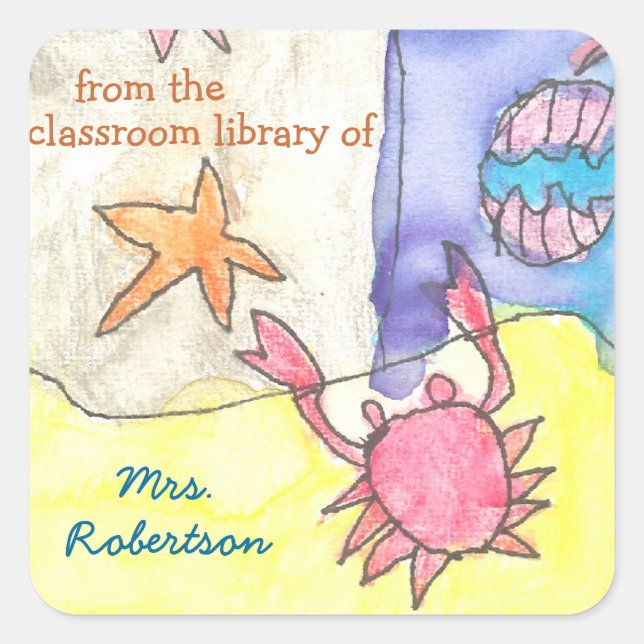 Seascape personalised teacher gift bookplate square sticker (Front)