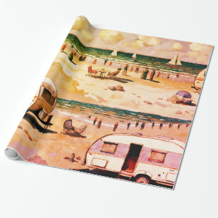 Seascape, Vintage Caravan on the Beach Wrapping Paper
