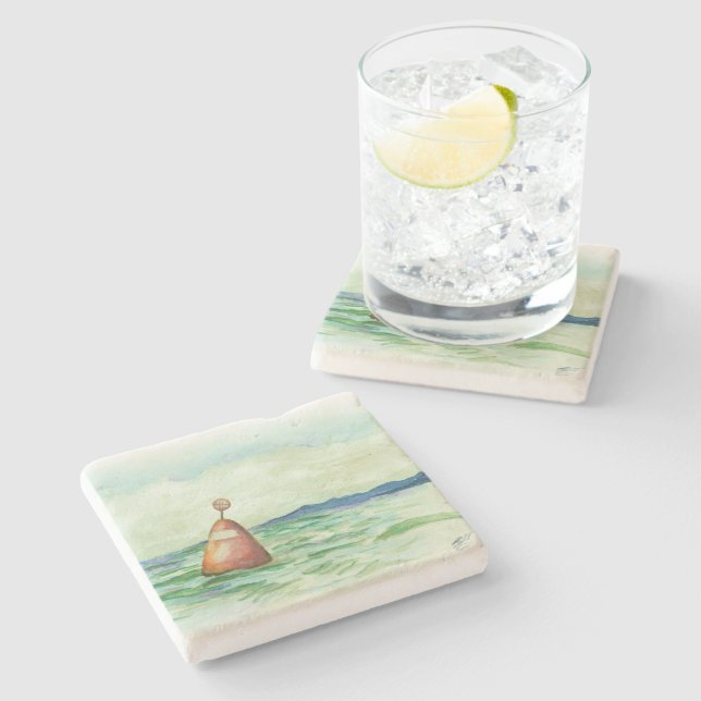 Seascape watercolor buoy art coaster (Side)