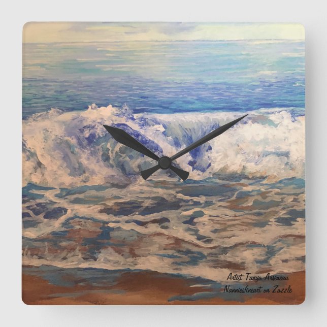 Seascape Waves Blue Square Wall Clock (Front)