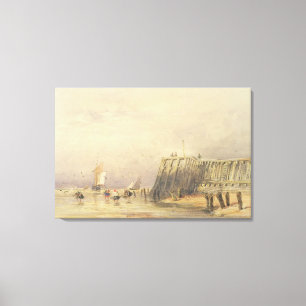 Seascape with Sailing Barges and Figures Wading Of Canvas Print