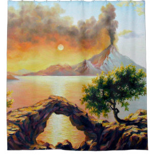 Seascape with the eruption of the volcano, oil on shower curtain