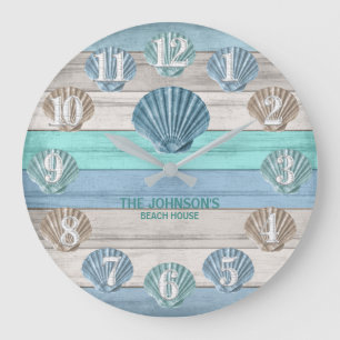 Seashell and Beach Wood Nautical - Blue Teal  Large Clock