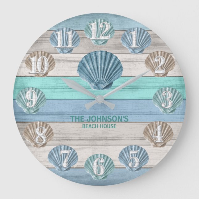 Seashell and Beach Wood Nautical - Blue Teal  Large Clock (Front)