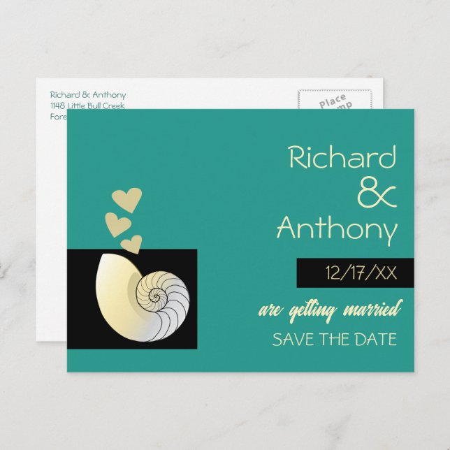 Seashell and Hearts, Beach Wedding Save the Date Announcement Postcard (Front/Back)
