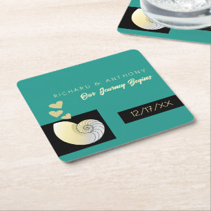 Seashell and Hearts, Beach Wedding Square Paper Coaster