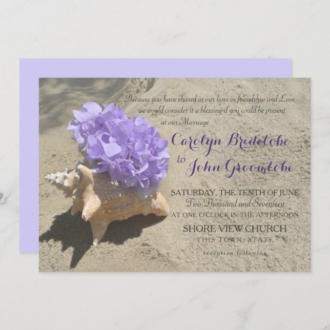 Seashell and Purple Hydrangea in Sand Invitation (Front/Back)