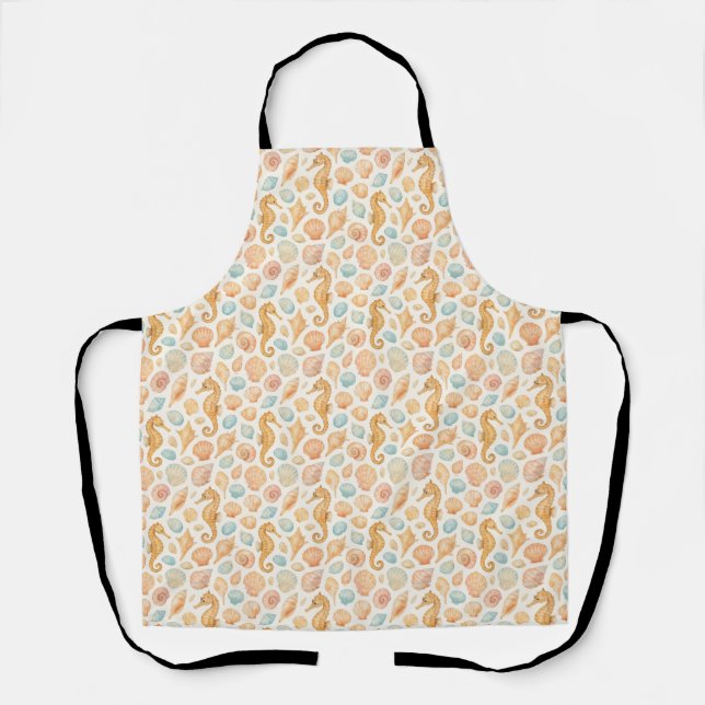 Seashell and seahorse watercolor pattern apron (Front)