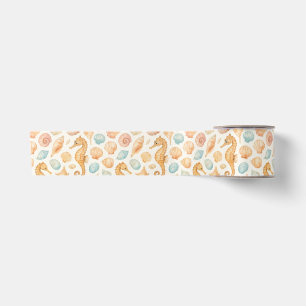 Seashell and seahorse watercolor pattern satin ribbon